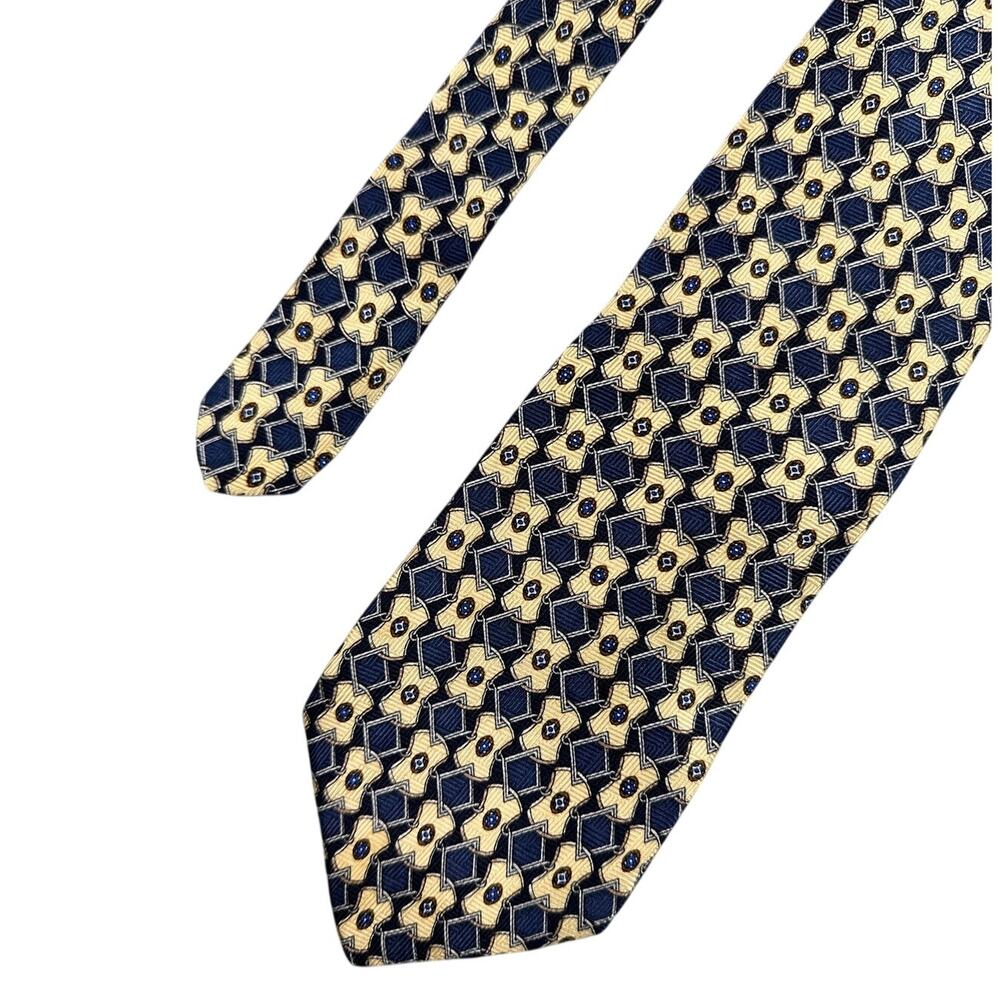Geoffrey Beene Necktie Silk Gold Blue Geometric Pattern Classic